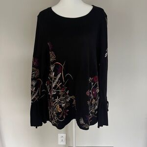 Chico's Black Sweater with Floral Embroidery and Bell Sleves
